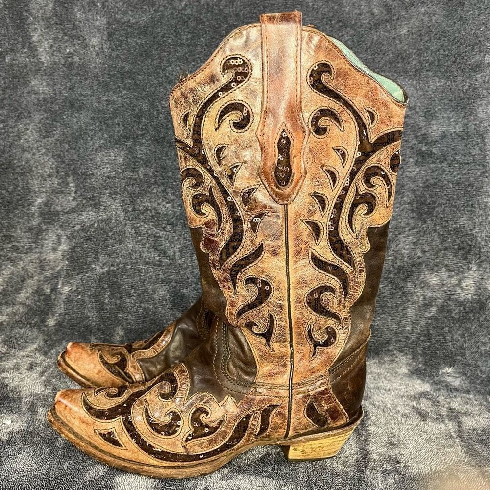 Corral Distressed Brown Embroidered Sequin Western Cowgirl Boots Size 7 M
